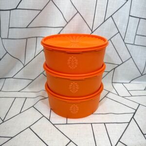 Tupperware Servalier Nesting Bowls Set 3 Orange Good Vintage Sunburst Lids USA